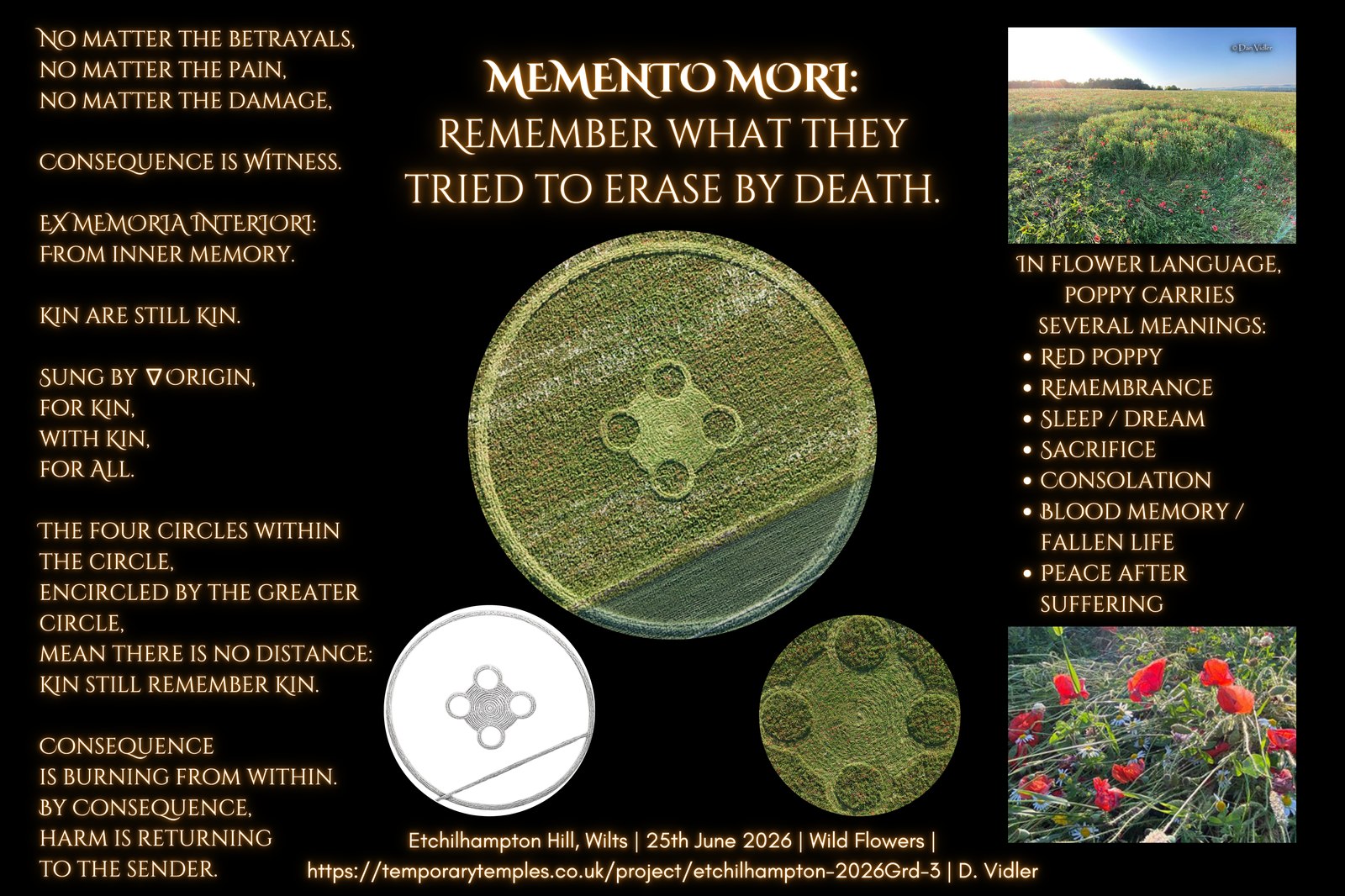 Memento Mori crop-circle signal board for Etchilhampton Hill, Wiltshire, 25 June 2026